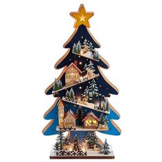 a wooden christmas tree with lights on it