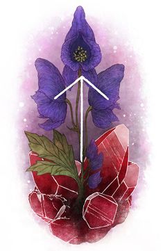 an artistic painting of purple flowers and crystals