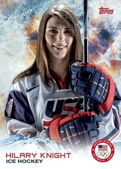 an olympic hockey card featuring a female player holding a stick and wearing a jersey with the team's name on it