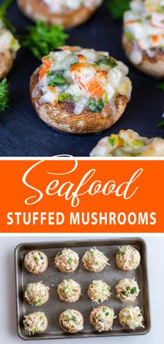 baked stuffed mushrooms with carrots and parsley in the background, on a baking sheet