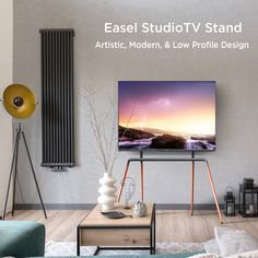 an easel studio tv stand with modern and low profile design in the living room