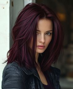 Rich Espresso Hair using Burgundy Highlights Dark Brown And Violet Hair, Purple Highlights On Dark Brown Hair, Brown Purple Hair Color, Purple Hair With Layers, Dark Hair With Plum Highlights, Dark Hair Color With Purple, Hair Color Burgundy Highlights, Dark Purple Hair Dye Ideas, Burgundy Plum Hair