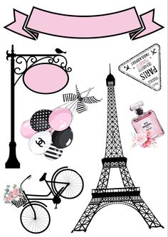 the eiffel tower is surrounded by various items