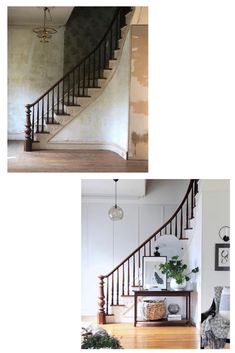 three pictures of stairs and furniture in a room with white walls, wood floors and wooden flooring