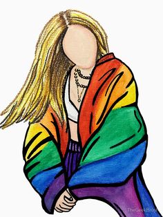 a drawing of a woman with long blonde hair wearing a colorful jacket and beaded necklace