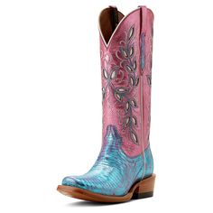 A modern take on tradition for today's cowgirl, this dreamy boot is a stunner. Iridescent lizard leather shines under the rodeo lights, while vintage-inspired floral inlays turn heads around town. An extra layer of heel-to-toe cushioning provides maximum comfort in and out of the stirrup. Futurity Silk Western Boot | Product Features : 0 : ATS® technology provides ergonomic support on uneven terrain, 1 : TekStep provides toe-to-heel cushion for comfort, 2 : Removable Pro Performance insole for c Pink Cowboy Boots, Heel Tap, Pink Things, Dream Closets, Western Boot, Shoe Lover, Vegetable Tanned Leather, Pretty Pink, Western Boots