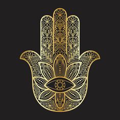 a gold hamsa on a black background with intricate patterns and an eye in the middle