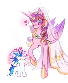 a drawing of a pink pony and a white unicorn