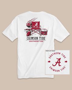 The back view of the Alabama Crimson Tide Gameday BBQ Tailgate T-Shirt by Southern Tide - Classic White Summer Game Day T-shirt With Team Name, Team Name T-shirt For Game Day In Summer, Team Spirit Short Sleeve T-shirt For Tailgating, Sports Fan T-shirt With Team Name For Tailgating, Summer Sports Fan T-shirt For Fan Merchandise, Summer Sports Fan Merchandise T-shirt, Pre-shrunk Crew Neck T-shirt For Tailgating, Father Son Outfits, Gameday Food