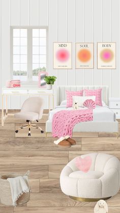 a white bedroom with pink accents and accessories on the floor, including a bed, chair, desk, rugs and other items