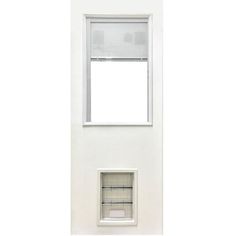 an empty white door with a window and shelf in the middle, on a white background