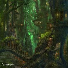 a fantasy forest with lots of trees and houses in the middle of it, surrounded by lush green foliage