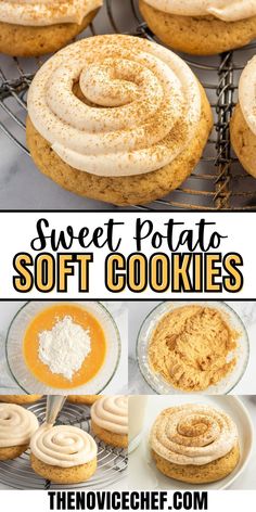 sweet potato soft cookies with cream cheese frosting on top and in the middle, sitting on a cooling rack