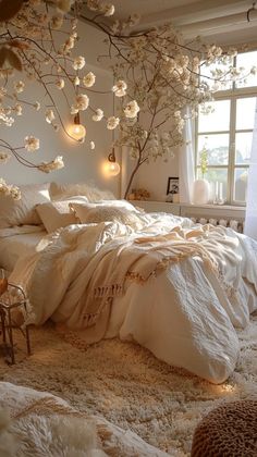 a bedroom with white bedding and flowers on the tree in front of the window