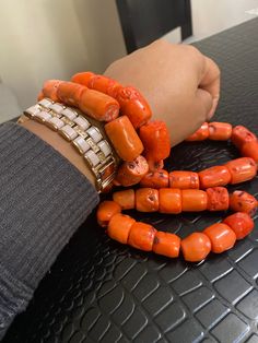 This Coral Beaded set is made with original Coral Stones. Houston, Hand Bracelets, Nigeria Wedding, Beads Bracelets, Hand Bracelet, Coral Stone, Coral Beads, Houston Tx, White Lace