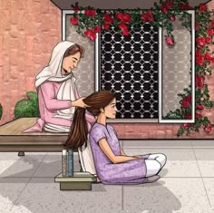 two women sitting on a bench in front of a wall with red flowers and one woman is combing her hair