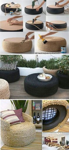 several pictures of different types of furniture made out of rope and woven material, including an ottoman