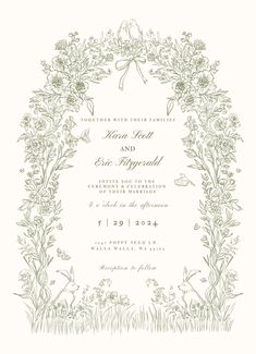 a wedding card with flowers and leaves on the front, in green ink that reads