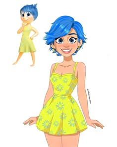 a cartoon character with blue hair wearing a yellow dress