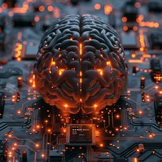 an electronic circuit board with a glowing brain on it's top and many lights around it