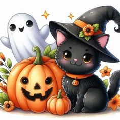 a black cat sitting on top of a pile of pumpkins next to two ghost