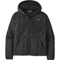 Whether we are out for a hike or in a casual setting, the Patagonia Diamond Quilted Bomber Hoodie is one of our favorites due to its lightweight warmth, stylish design, and recycled materials. The jacket is made from 100 percent recycled polyester and has a diamond quilted pattern filled with 80 grams of recycled polyester for warmth. An insulated hood has drawcords to cinch it down, and the full-zip construction is low profile and allows us to open up the jacket when it gets too warm. Two hand Insulated Jacket Women, Hiking Women, Women Diamond, Hiking Outfit, Diamond Quilt, Rei Co-op, Patagonia Womens, Lining Fabric, Black Hoodie