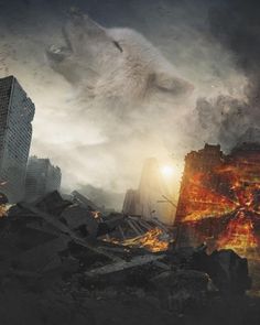 an image of a wolf in the middle of a city with fire coming out of its mouth