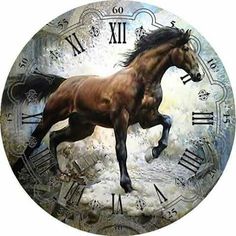 a painting of a horse running in front of a clock