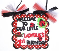 a ladybug's 1st birthday sign hanging on a wall