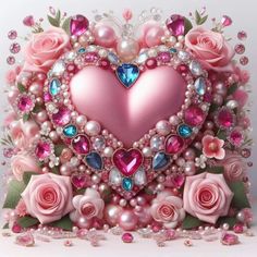 a pink heart surrounded by roses and pearls