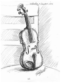 a drawing of a violin resting on the floor next to a window with its back turned