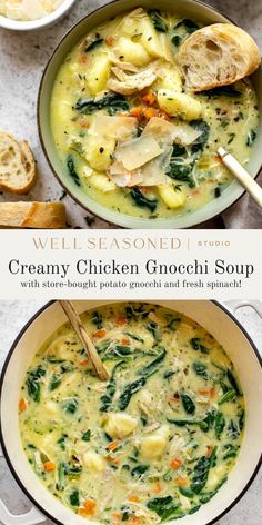 creamy chicken gnocchi soup with spinach, potatoes and fresh spinach bread