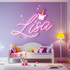 a room with a bed, pink walls and a neon sign that says lisa