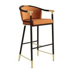 a black and gold bar stool with an orange upholstered seat, viewed from the front