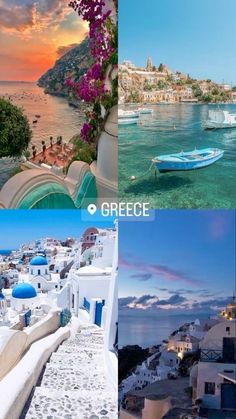 four different pictures with the same color and size as well as white buildings, blue water and boats