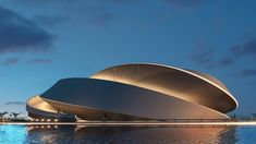 an artistic rendering of a futuristic building on the water's edge at night time