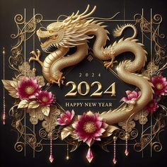 a golden dragon with pink flowers on it's head and the words, happy new year