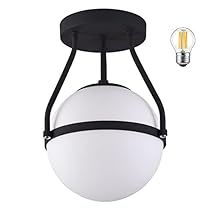 an image of a white ball light fixture with black trim and dimmers on the ceiling