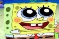 spongebob with big eyes holding a toothbrush