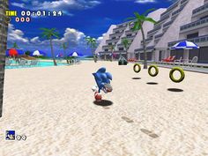 sonic the hedgehog running on a sandy beach