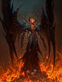 a demonic demon standing in flames with his wings spread out and skull on the ground