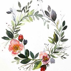 a watercolor painting of flowers and leaves