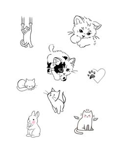 cats and kittens are drawn in black and white