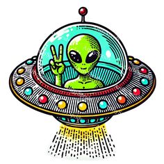 an alien is sitting in the middle of a flying saucer with his fingers up