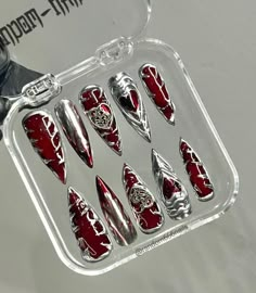 Blood Nail Press, Nails Decorated With Silver Charms, Gothic Crossed Nails, Vampire Red Nails, Dark Red Nails - Etsy Vampire Red Nails, Nails Dark Red, Gothic Nail Art, Blood Nails, Vampire Nails, Press Nails