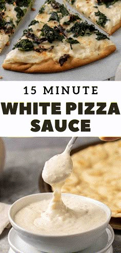 the white sauce is being drizzled onto pizza