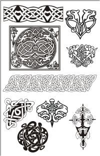 an assortment of celtic designs on white paper with black and white ink, including the symbols for