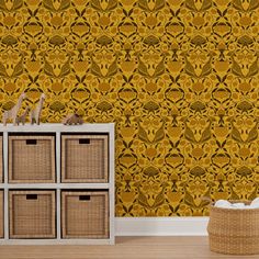 a room with yellow wallpaper and baskets on the floor