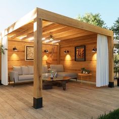 an outdoor living area with wooden walls and flooring