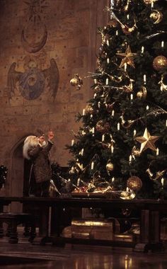 a large christmas tree in a church decorated with gold and silver ornaments, surrounded by other decorations